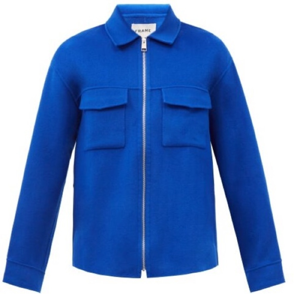 FRAME Men’s Bright Blue Felted Wool Zip-Up Overshirt Shacket - Size XL